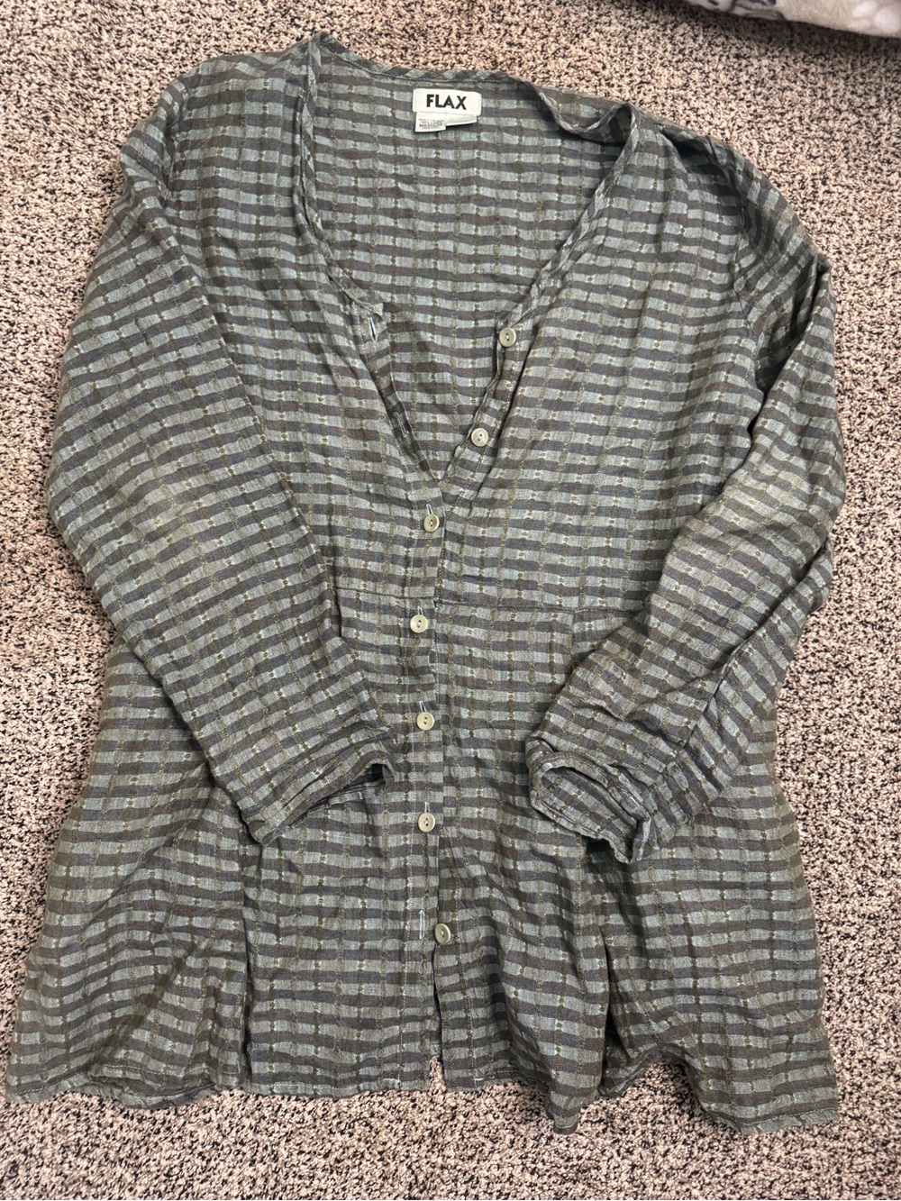 Vintage FLAX 100% Linen Striped Button Down Tunic Shirt Gray Medium Lagenlook